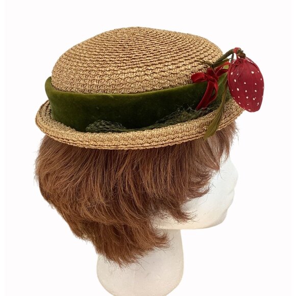 Vintage 60s Alfreda Inc Straw Boater Hat With Green Velvet Band & Red Strawberry - Picture 5 of 11